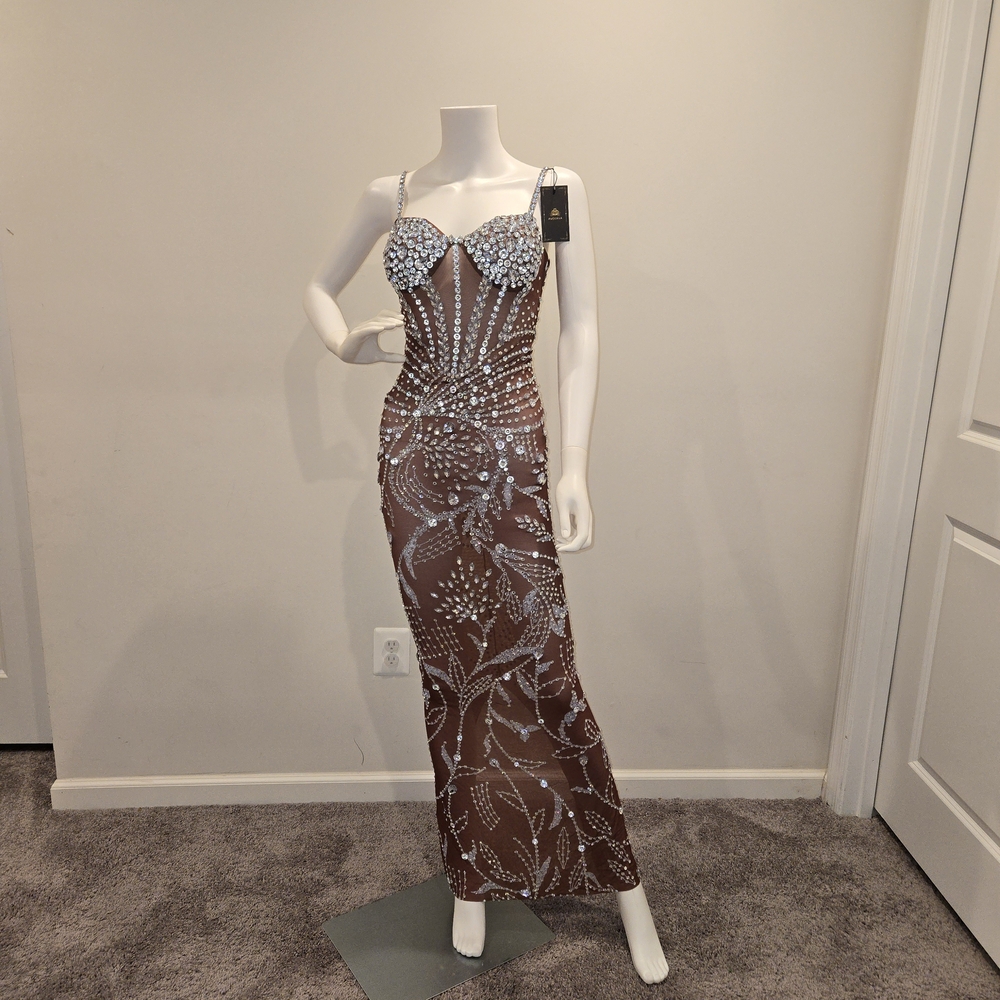 Elegant Brown Evening Gown with Silver Accents
